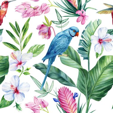 Çiçeksiz desen, duvar kağıdı ormanı tropik palmiye ağaçları ve tropikal kuşlar. Yüksek kaliteli illüstrasyon