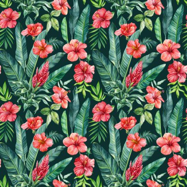 Çiçeksiz desen, duvar kağıdı ormanı ve tropik palmiye ağaçları ve tropikal kırmızı çiçek, bromeliad, amber çiçeği. Yüksek kaliteli illüstrasyon