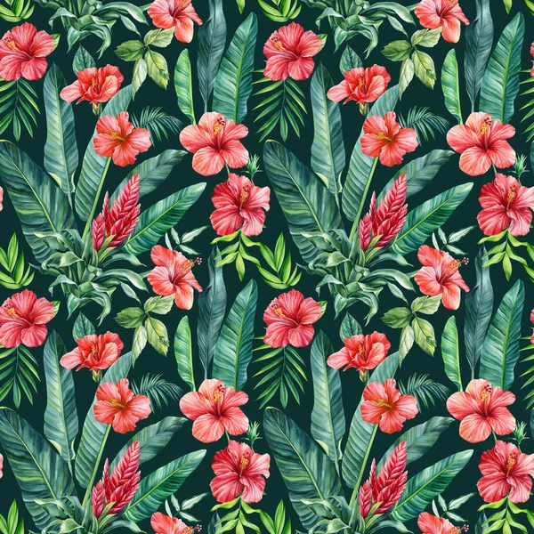 Квітковий Безшовний Візерунок Шпалери Джунглях Тропічних Рівнях Пальми Тропічна Червона — стокове фото