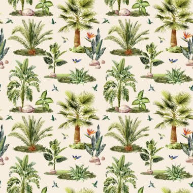 Tropical vintage palm tree and animal seamless pattern, Exotic botanical jungle wallpaper. Hand drawn painting. High quality illustration