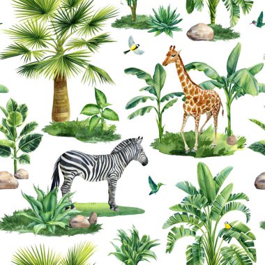 Tropical palm tree and animal seamless pattern, Exotic botanical jungle wallpaper. Wildlife Hand drawn painting. High quality illustration