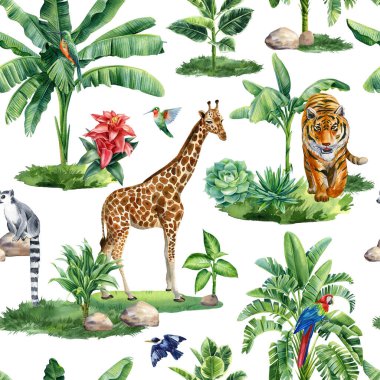 Wildlife. Tropical palm tree and animal seamless pattern, Exotic botanical jungle wallpaper. Hand drawn painting. High quality illustration
