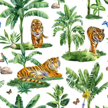 Tropical palm tree and tiger, animal seamless pattern, Exotic botanical jungle wallpaper. Hand drawn wildlife painting. High quality illustration