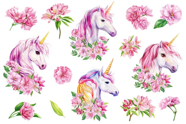 Cute Unicorn with flowers, watercolor animal, floral boho illustration, Set floral elements design. High quality illustration