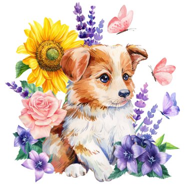 Watercolor cute ginger kitten and lavender flowers, sunflower, butterflies on a white background, animal, floral postcard. High quality illustration