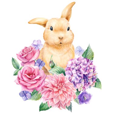 Easter bunny decorated with flowers on an isolated white background, watercolor illustration, cute rabbit, hand drawn. High quality illustration