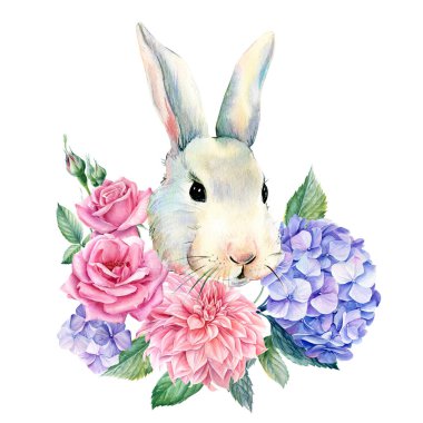 Bunny decorated with flowers on an isolated white background, watercolor illustration, cute rabbit, hand drawn. High quality illustration