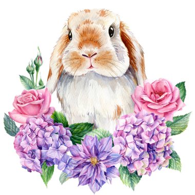 Bunny decorated with flowers on an isolated white background, watercolor illustration, cute rabbit, hand drawn. High quality illustration