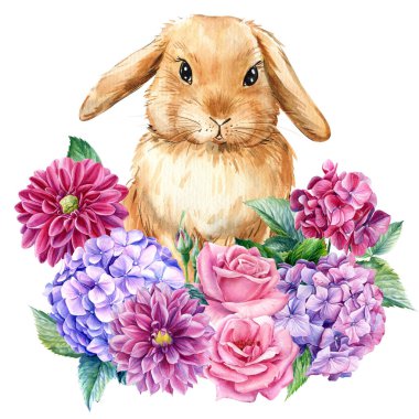 Bunny decorated with flowers on an isolated white background, watercolor illustration, cute rabbit, hand drawn. High quality illustration