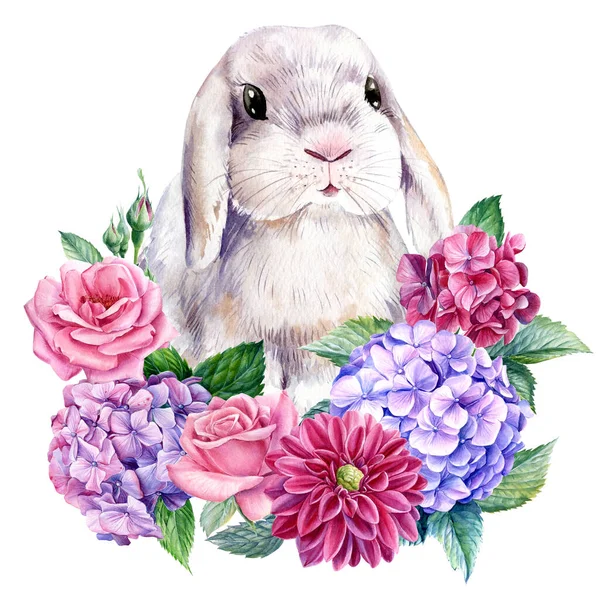 White Bunny with flowers on an isolated white background, watercolor illustration, cute rabbit, hand drawn. High quality illustration