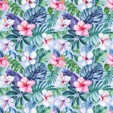 Tropical Leaves, watercolor Illustration. Trend jungle seamless pattern, floral background. Modern art. High quality illustration