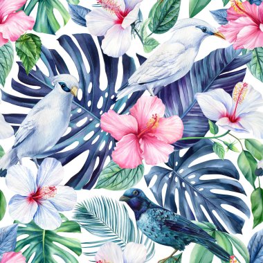 Tropical Leaves, birds watercolor Illustration. Jungle seamless pattern, floral background. Exotic tropics design. . High quality illustration