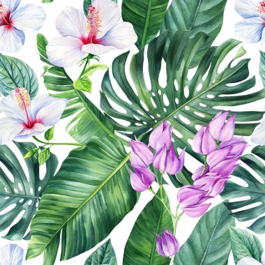 Tropical Leaves, watercolor Illustration. Trend jungle seamless pattern, floral background. Modern art. High quality illustration