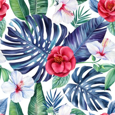 Tropical Leaves, flowers hibiscus, watercolor Illustration. jungle seamless pattern, floral background. Exotic design. . High quality illustration