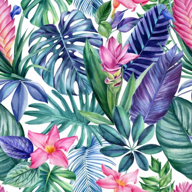 Tropical Leaves, watercolor Illustration. Trend jungle seamless pattern, floral background. Modern art. High quality illustration