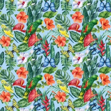 Watercolor tropical colored flower, Leaf, butterfly and bird. Seamless pattern, floral background. Paradise design. High quality illustration