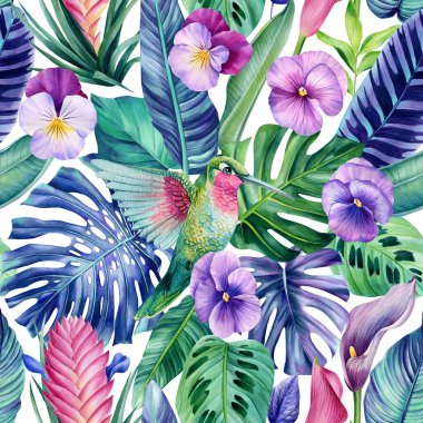 Tropical Leaves, hummingbird. Birds watercolor Illustration. Jungle seamless pattern, floral background. Exotic design. . High quality illustration