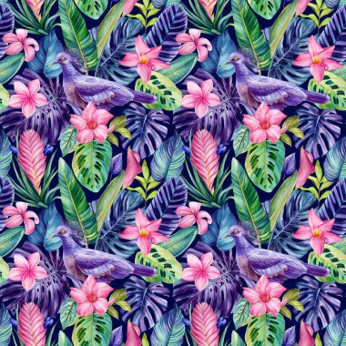 Tropical Leaves, birds watercolor Illustration. Jungle seamless pattern, floral background. Exotic tropics design. . High quality illustration