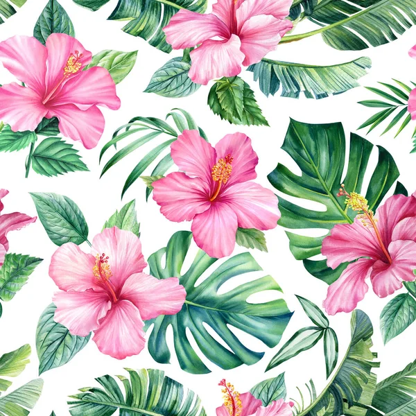 Pink hibiscus and leaves. Tropical flowers watercolor. Jungle seamless pattern, floral background. Palm leaf. High quality illustration