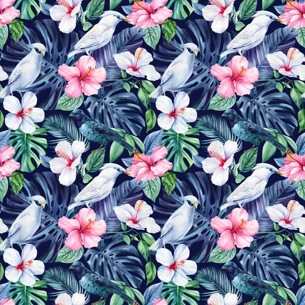 Tropical Leaves, birds watercolor Illustration. Jungle seamless pattern, floral background. Exotic tropics design. . High quality illustration