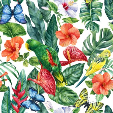 Watercolor tropical colored flower, Leaf, butterfly and bird. Seamless pattern, floral background. Paradise design. High quality illustration