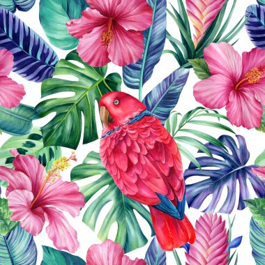 Tropical palm leaves, jungle seamless pattern. Palm tree and cockatoo parrot. Beautiful floral, summer tropical flowers. High quality illustration