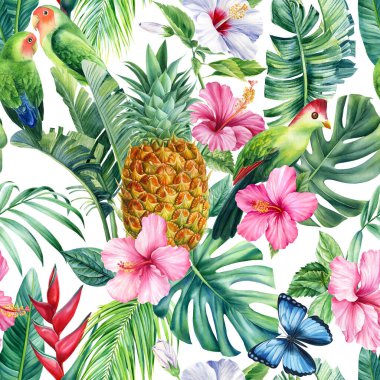 Tropical Leaves, colorful Birds and fruit pineapple. Lovebird watercolor Illustration. Seamless pattern, Jungle design. High quality illustration