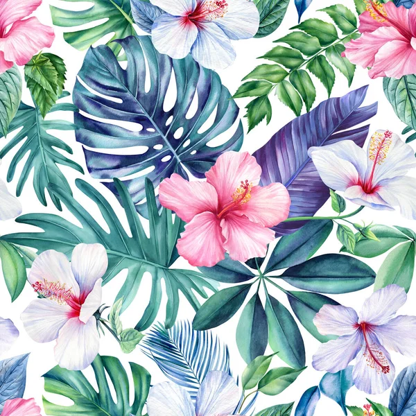 Tropiska Blad Akvarell Illustration Trend Djungel Sömlös Mönster Blommig Bakgrund — Stockfoto