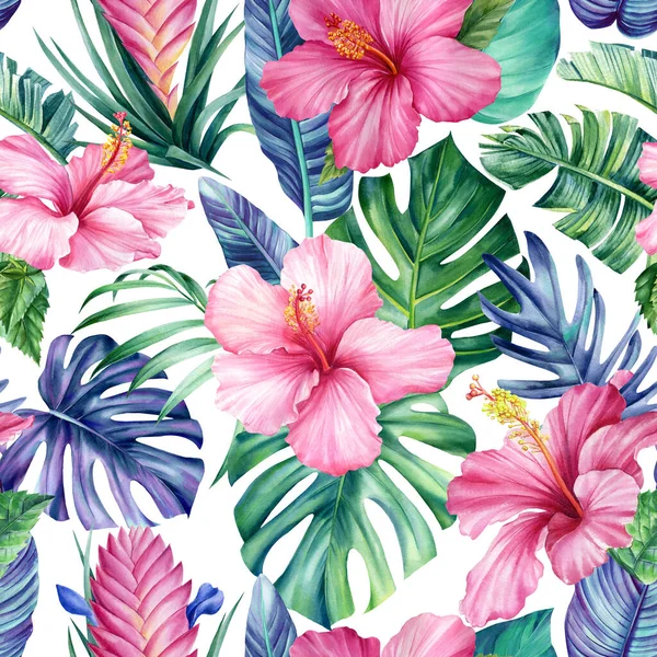 Trópusi Virágok Akvarell Dzsungel Zökkenőmentes Minta Virágos Háttér Pálmalevél Hibiszkusz — Stock Fotó
