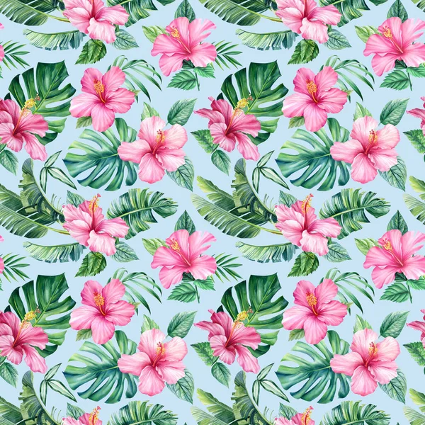 Rosa Hibiskus Och Löv Tropiska Blommor Akvarell Djungel Sömlöst Mönster — Stockfoto