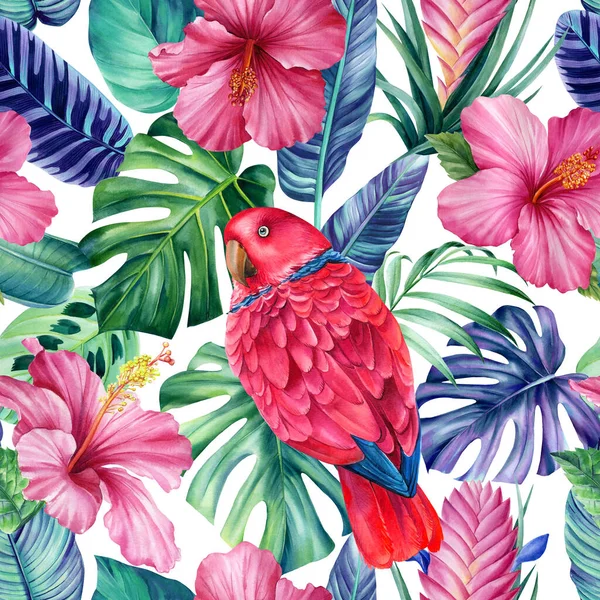 热带棕榈叶 丛林中无缝模式 棕榈树和鹦鹉鹦鹉 美丽的花 夏天热带的花 高质量的例证 — 图库照片