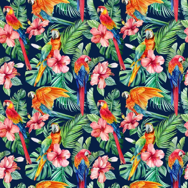 Tropical Leaves Hummingbird Birds Watercolor Illustration Jungle Seamless Pattern Floral — 图库照片