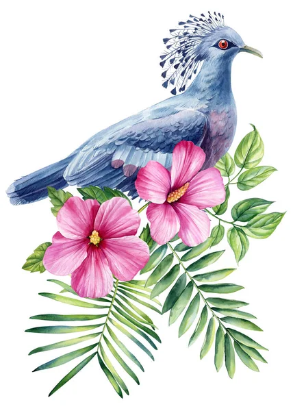 Bellissimo Uccello Tropicale Acquerello Disegno Mano Illustrazione Pappagallo Fiori Foglie — Foto Stock