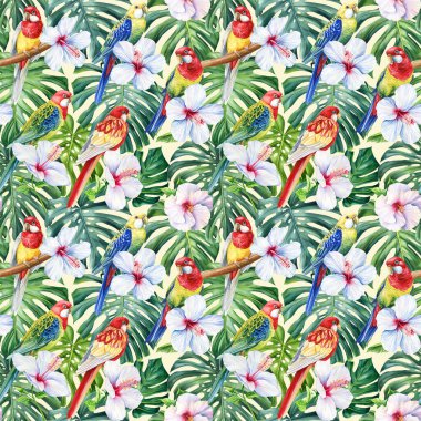 Tropik palmiye yaprakları, orman yaprakları pürüzsüz suluboya çiçek desenli arka plan, moda renkler. Yüksek kaliteli illüstrasyon