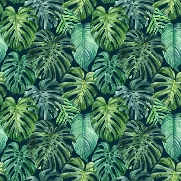 Tropische Palmenblätter Monstera Blätter Nahtlosen Musterhintergrund Grüne Farben Aquarell Blumenmuster — Stockfoto