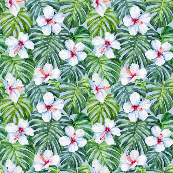 Tropiska Palmblad Och Hibiskusblomma Akvarell Djungelblad Sömlös Blommönster Bakgrund Trendiga — Stockfoto