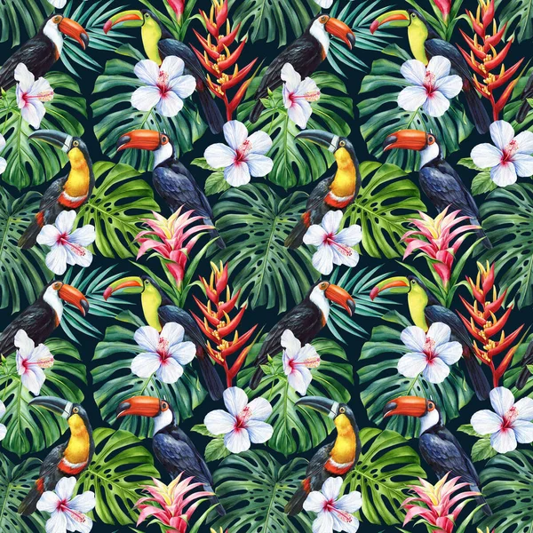 Tropical Leaves Flower Toucan Jungle Seamless Pattern Watercolor Illustration Flora — Stock Photo, Image