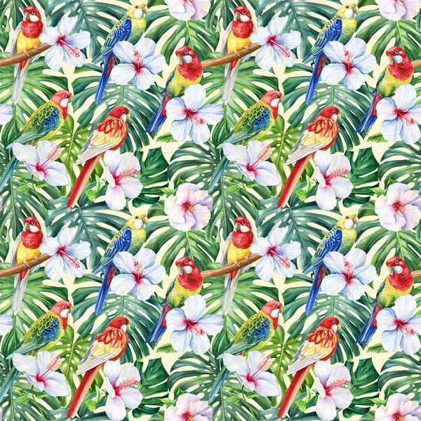 Tropik Palmiye Yaprakları Orman Yaprakları Pürüzsüz Suluboya Çiçek Desenli Arka — Stok fotoğraf