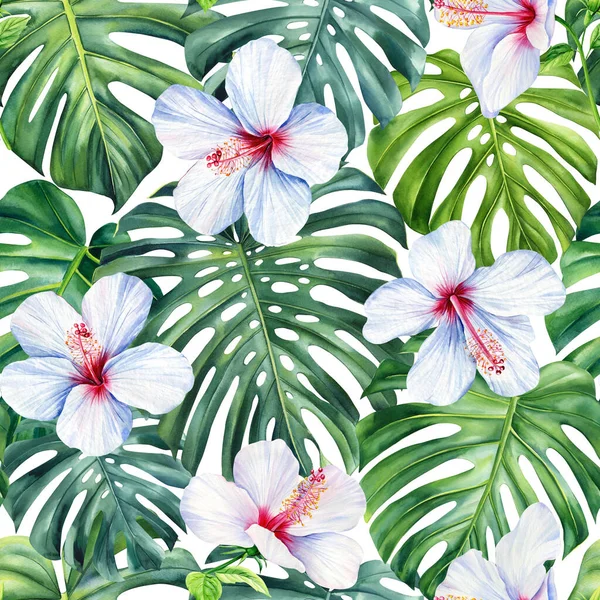 Tropische Palmenblätter Und Hibiskusblüte Aquarell Dschungelblatt Nahtloser Floraler Hintergrund Trendige — Stockfoto