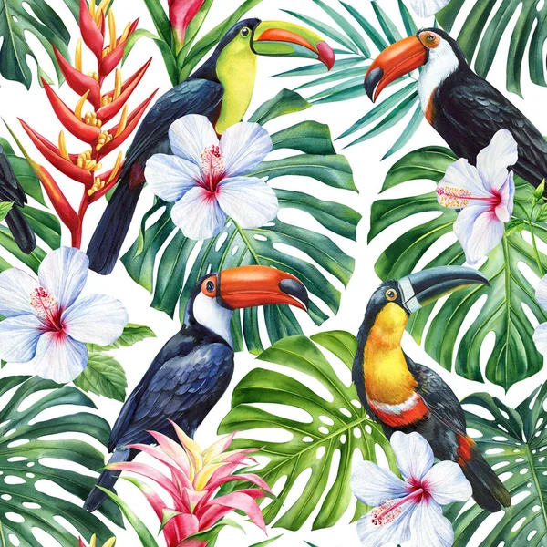 热带树叶 花朵和毛绒 丛林中无缝图案 水彩画 植物背景 流行色彩 高质量的例证 — 图库照片