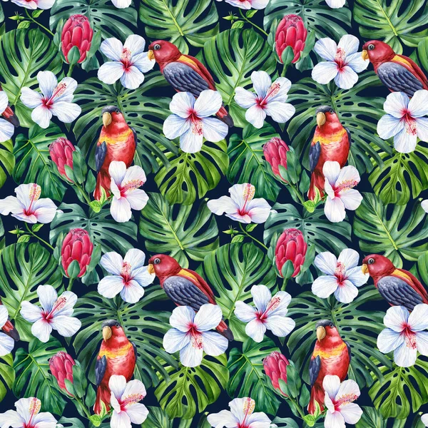 Тропічні Пальмові Листя Листя Джунглів Безшовний Акварельний Квітковий Візерунок Фон — стокове фото