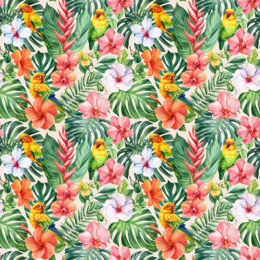 Egzotik palmiye yaprakları ve çiçeklerle yaz tropikal arka planı. Orman bitkilerinin parlak arka planı. Kusursuz çiçek deseni. Yüksek kaliteli illüstrasyon