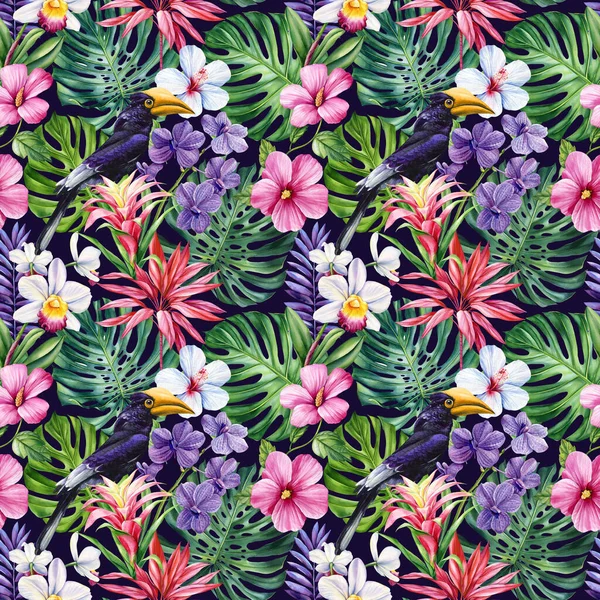 Sommer Tropischen Hintergrund Mit Exotischen Palmblättern Blumen Hornvogel Heller Hintergrund — Stockfoto