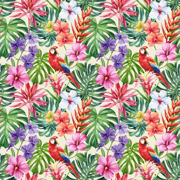 Sommar Tropisk Bakgrund Med Exotiska Palmblad Och Blommor Ljus Bakgrund — Stockfoto