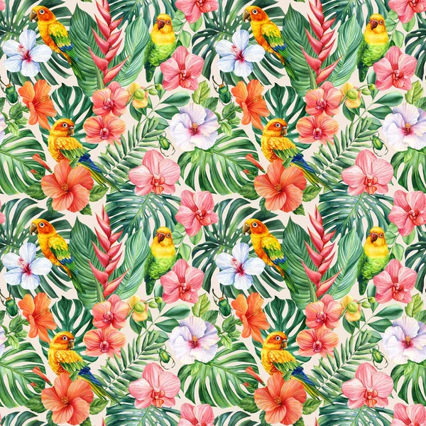 Fundo Tropical Verão Com Folhas Palma Exóticas Flores Fundo Brilhante — Fotografia de Stock
