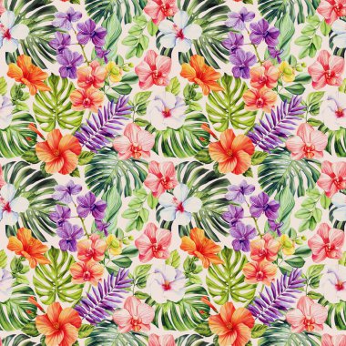 Egzotik palmiye yaprakları ve çiçeklerle yaz tropikal arka planı. Orman bitkilerinin parlak arka planı. Kusursuz çiçek deseni. Yüksek kaliteli illüstrasyon