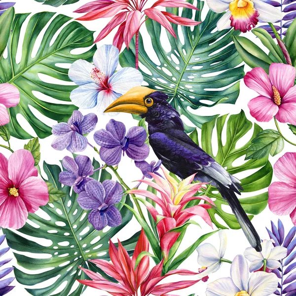 Letní Tropické Zázemí Exotickými Palmovými Listy Květy Hornbill Jasné Pozadí — Stock fotografie