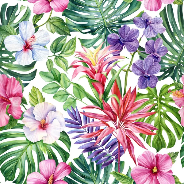 Sommer Tropischen Hintergrund Mit Exotischen Palmblättern Und Blumen Heller Hintergrund — Stockfoto