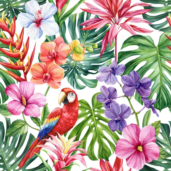 Sommer Tropischen Hintergrund Mit Exotischen Palmblättern Und Blumen Heller Hintergrund — Stockfoto