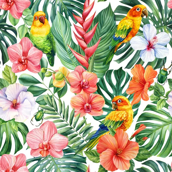 夏季热带背景 有奇异的棕榈叶和花朵 丛林植物的明亮背景 无缝花纹 高质量的例证 — 图库照片